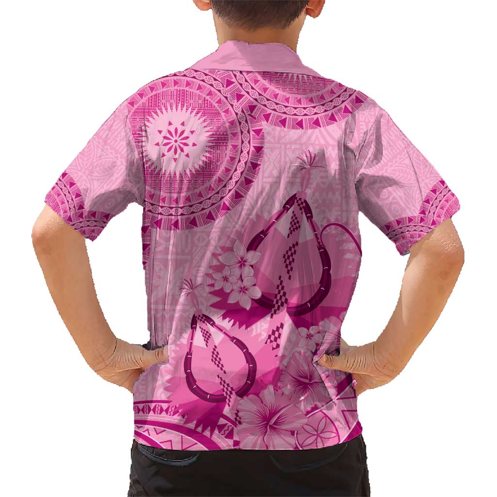 Pink Bula Fiji Family Matching Short Sleeve Bodycon Dress and Hawaiian Shirt Fijian Dance Fan Tapa Cloth Pattern