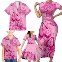 Pink Bula Fiji Family Matching Short Sleeve Bodycon Dress and Hawaiian Shirt Fijian Dance Fan Tapa Cloth Pattern