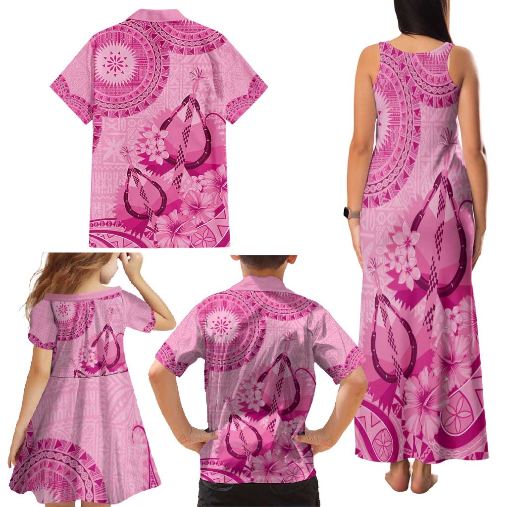 Pink Bula Fiji Family Matching Tank Maxi Dress and Hawaiian Shirt Fijian Dance Fan Tapa Cloth Pattern