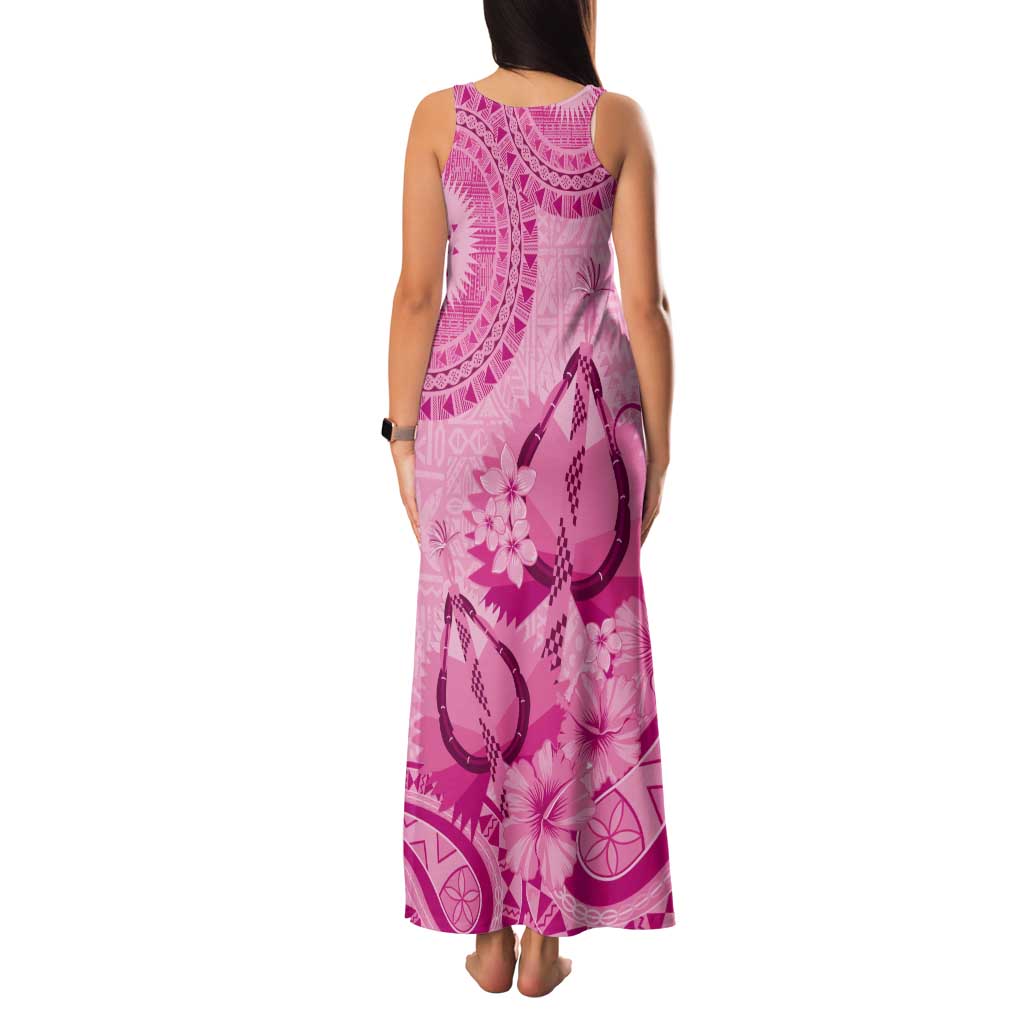 Pink Bula Fiji Family Matching Tank Maxi Dress and Hawaiian Shirt Fijian Dance Fan Tapa Cloth Pattern