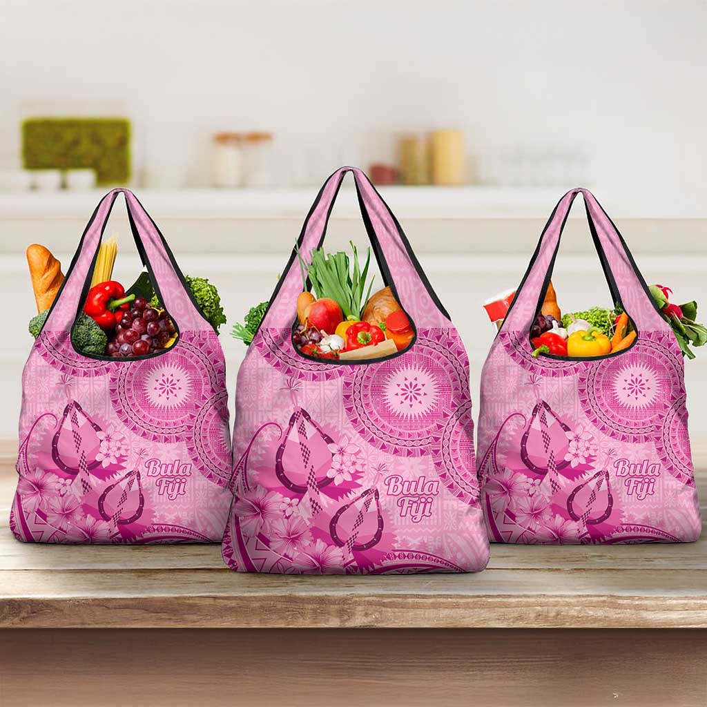 Pink Bula Fiji Grocery Bag Fijian Dance Fan Tapa Cloth Pattern