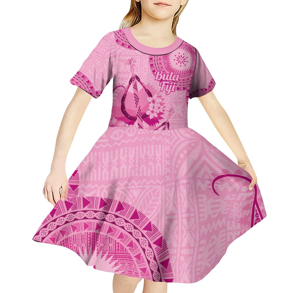 Pink Bula Fiji Kid Short Sleeve Dress Fijian Dance Fan Tapa Cloth Pattern
