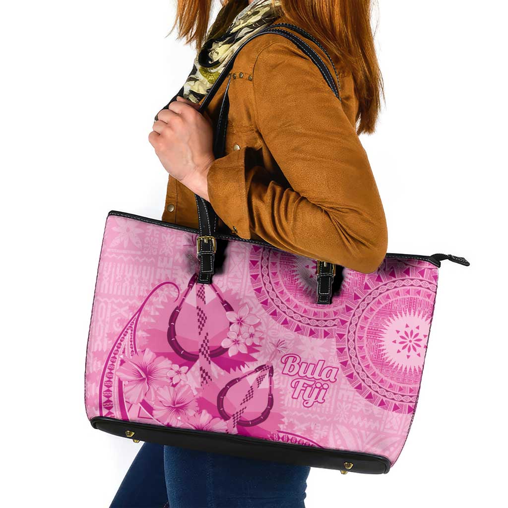 Pink Bula Fiji Leather Tote Bag Fijian Dance Fan Tapa Cloth Pattern