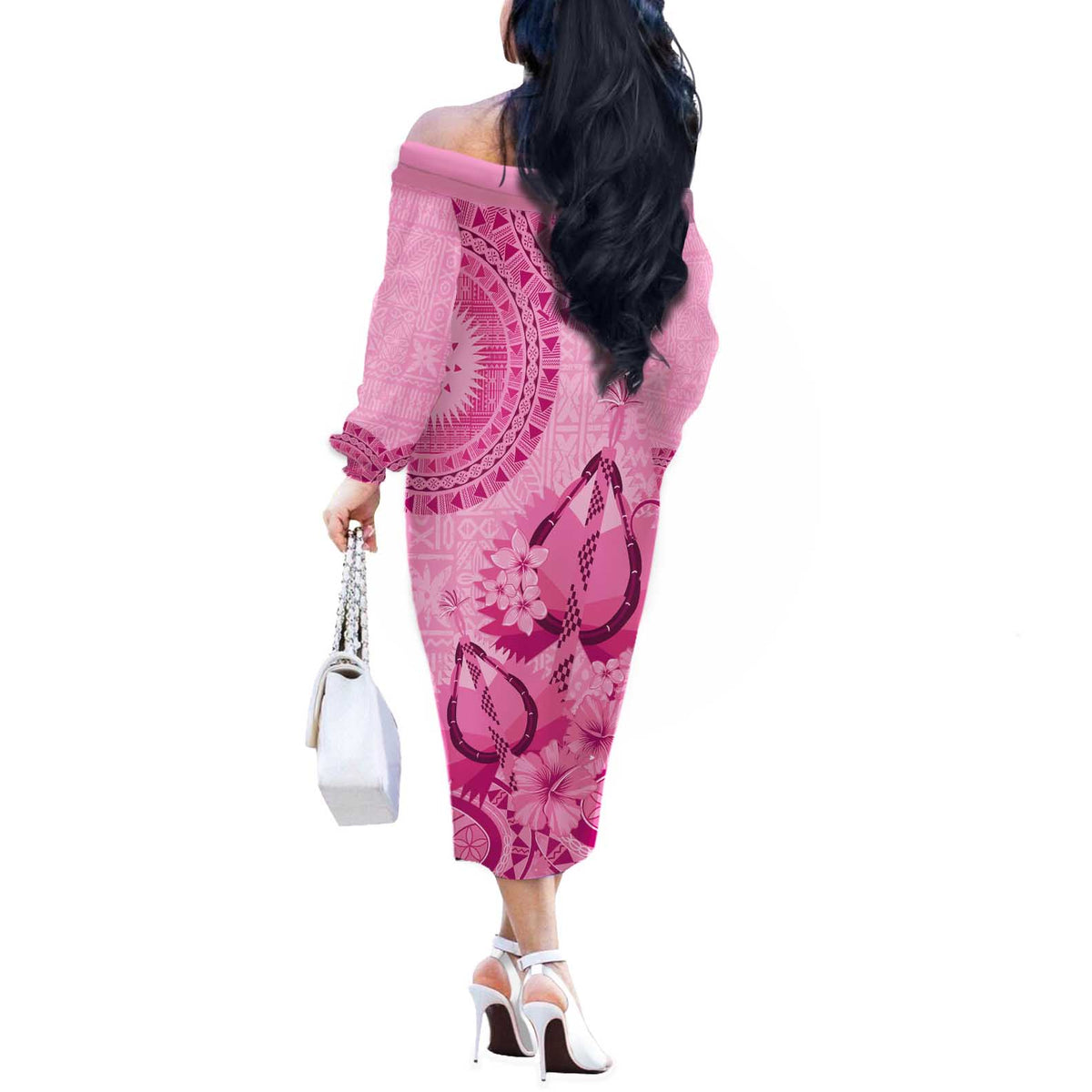 Pink Bula Fiji Off The Shoulder Long Sleeve Dress Fijian Dance Fan Tapa Cloth Pattern