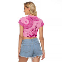 Pink Bula Fiji Raglan Cropped T Shirt Fijian Dance Fan Tapa Cloth Pattern
