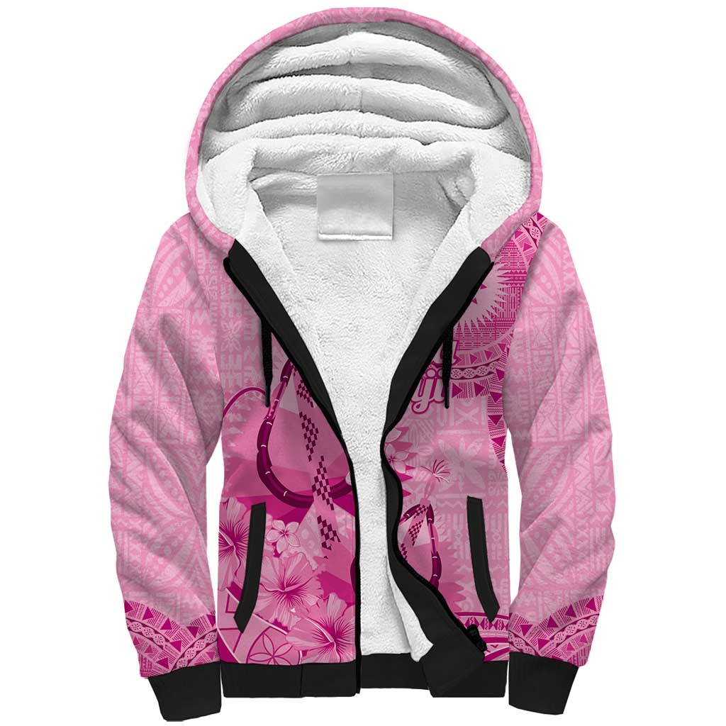 Pink Bula Fiji Sherpa Hoodie Fijian Dance Fan Tapa Cloth Pattern LT14 Unisex Pink - Polynesian Pride
