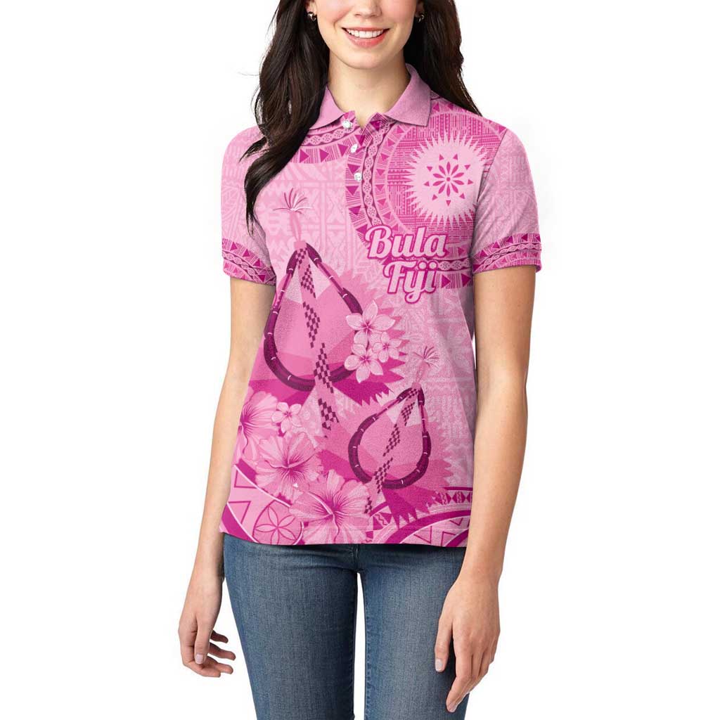 Pink Bula Fiji Women Polo Shirt Fijian Dance Fan Tapa Cloth Pattern