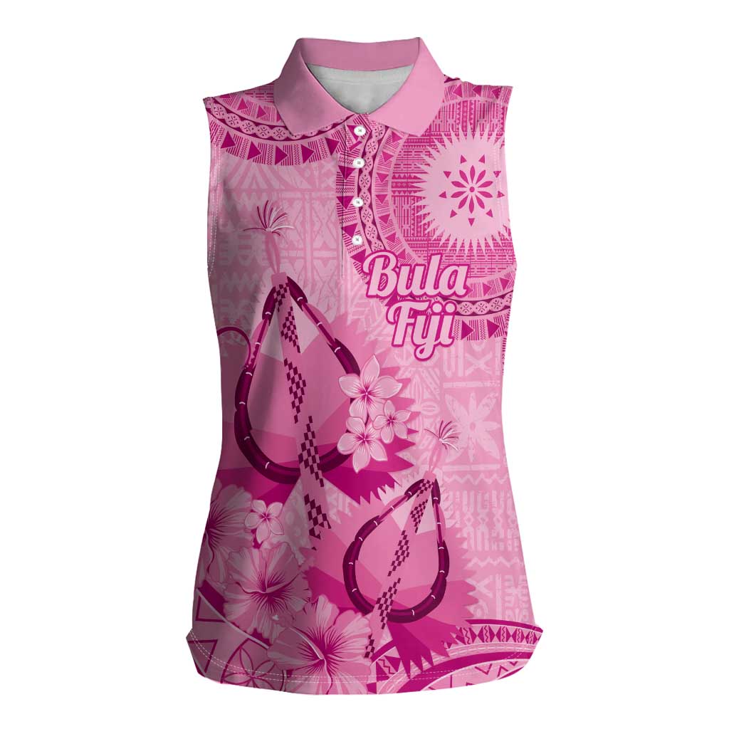 Pink Bula Fiji Women Sleeveless Polo Shirt Fijian Dance Fan Tapa Cloth Pattern