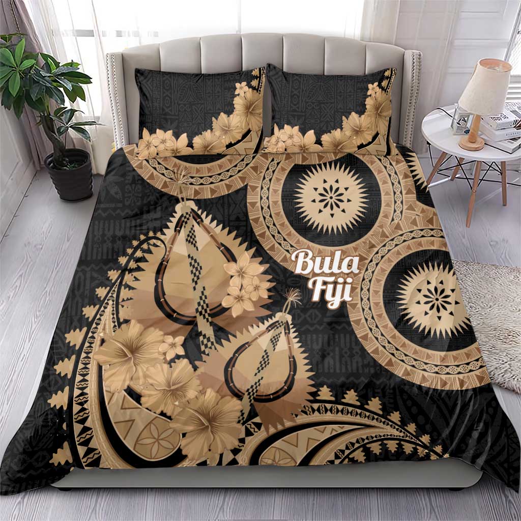 Black Bula Fiji Bedding Set Fijian Dance Fan Tapa Cloth Pattern