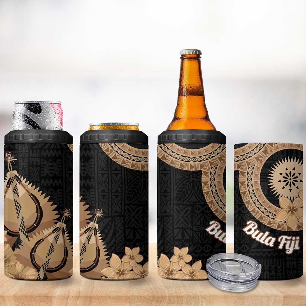 Black Bula Fiji 4 in 1 Can Cooler Tumbler Fijian Dance Fan Tapa Cloth Pattern LT14 - Polynesian Pride