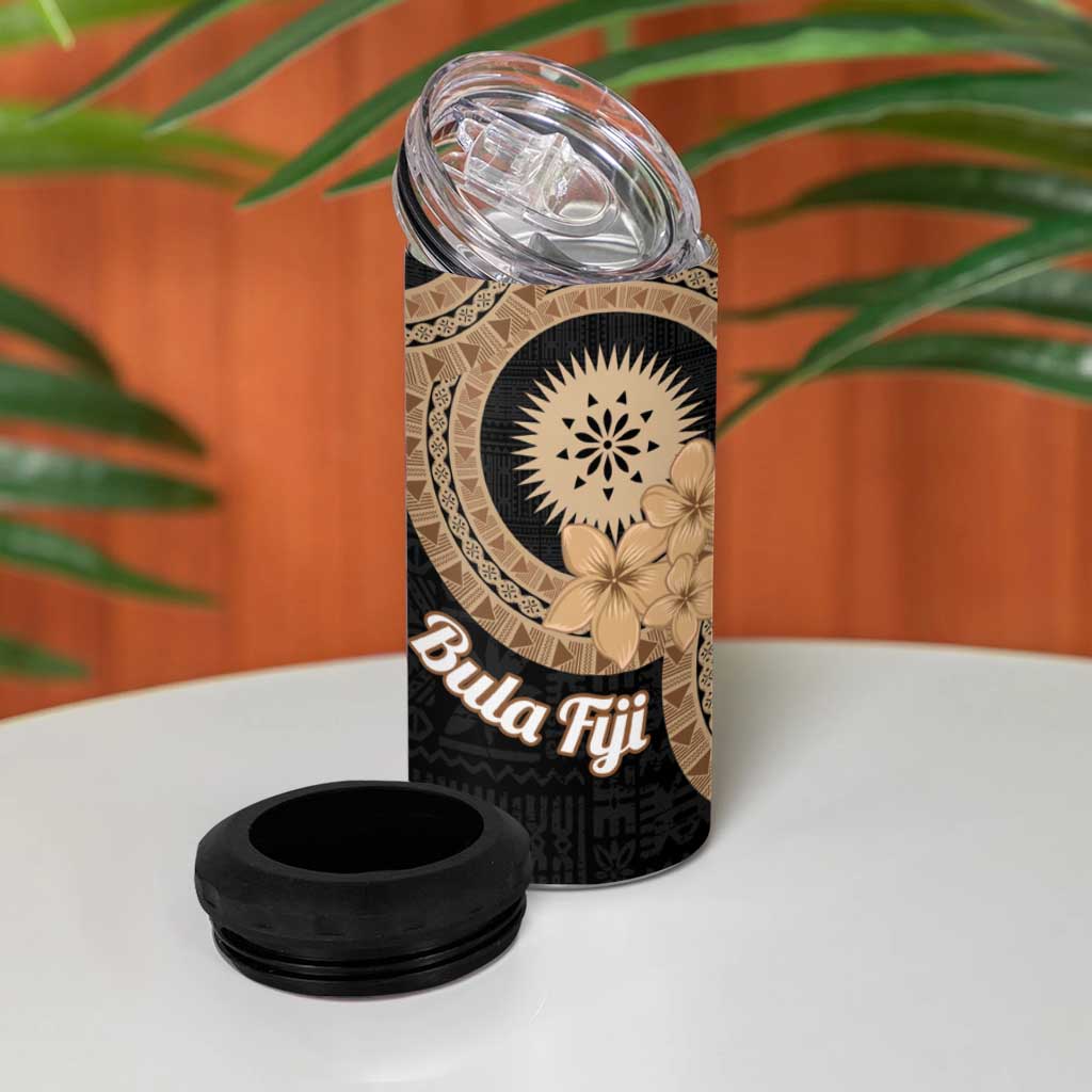Black Bula Fiji 4 in 1 Can Cooler Tumbler Fijian Dance Fan Tapa Cloth Pattern LT14 - Polynesian Pride