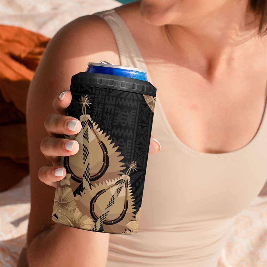 Black Bula Fiji 4 in 1 Can Cooler Tumbler Fijian Dance Fan Tapa Cloth Pattern LT14 - Polynesian Pride