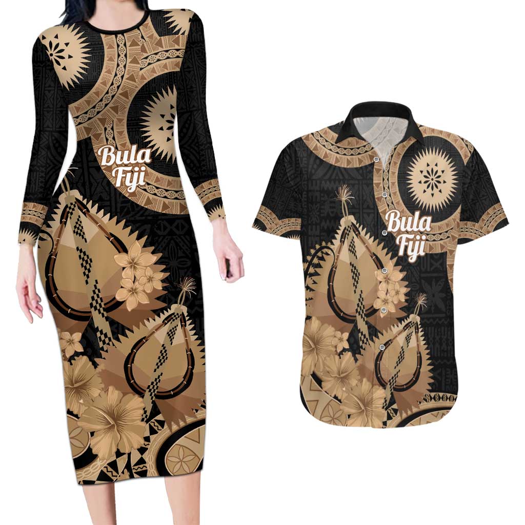 Black Bula Fiji Couples Matching Long Sleeve Bodycon Dress and Hawaiian Shirt Fijian Dance Fan Tapa Cloth Pattern