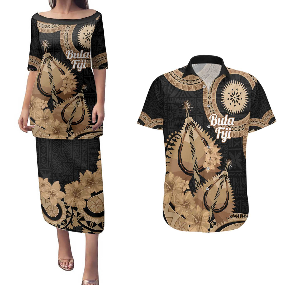 Black Bula Fiji Couples Matching Puletasi and Hawaiian Shirt Fijian Dance Fan Tapa Cloth Pattern