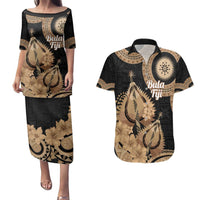 Black Bula Fiji Couples Matching Puletasi and Hawaiian Shirt Fijian Dance Fan Tapa Cloth Pattern