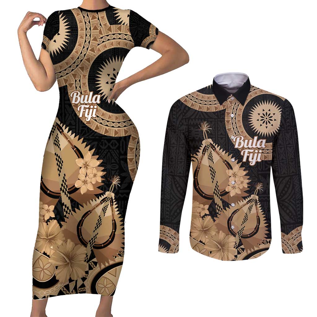 Black Bula Fiji Couples Matching Short Sleeve Bodycon Dress and Long Sleeve Button Shirt Fijian Dance Fan Tapa Cloth Pattern