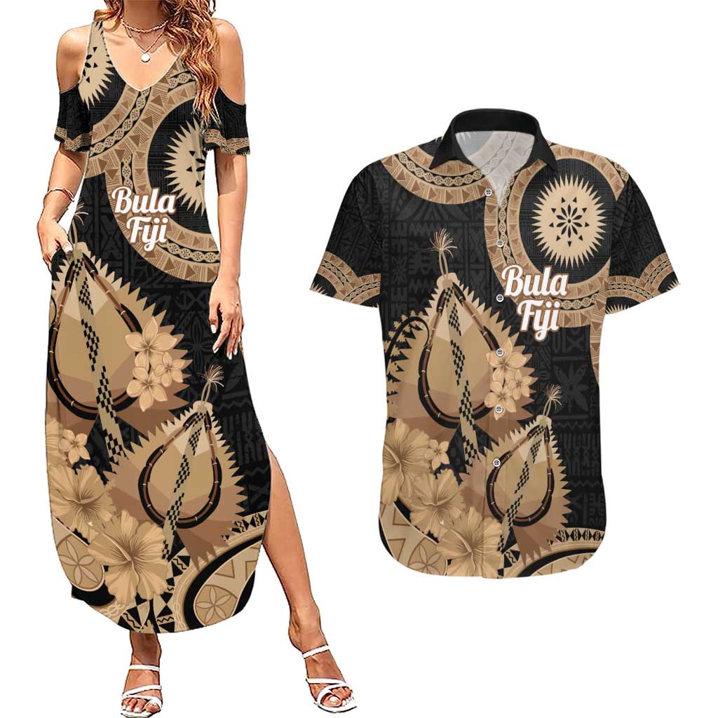 Black Bula Fiji Couples Matching Summer Maxi Dress and Hawaiian Shirt Fijian Dance Fan Tapa Cloth Pattern