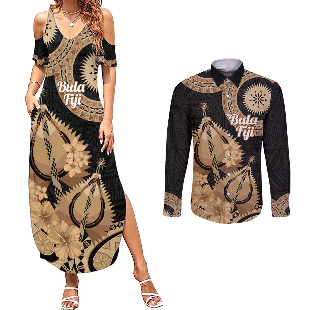 Black Bula Fiji Couples Matching Summer Maxi Dress and Long Sleeve Button Shirt Fijian Dance Fan Tapa Cloth Pattern