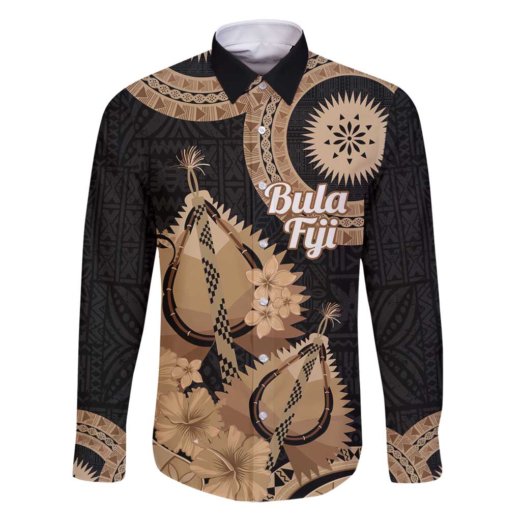 Black Bula Fiji Family Matching Long Sleeve Bodycon Dress and Hawaiian Shirt Fijian Dance Fan Tapa Cloth Pattern