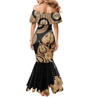 Black Bula Fiji Family Matching Mermaid Dress and Hawaiian Shirt Fijian Dance Fan Tapa Cloth Pattern