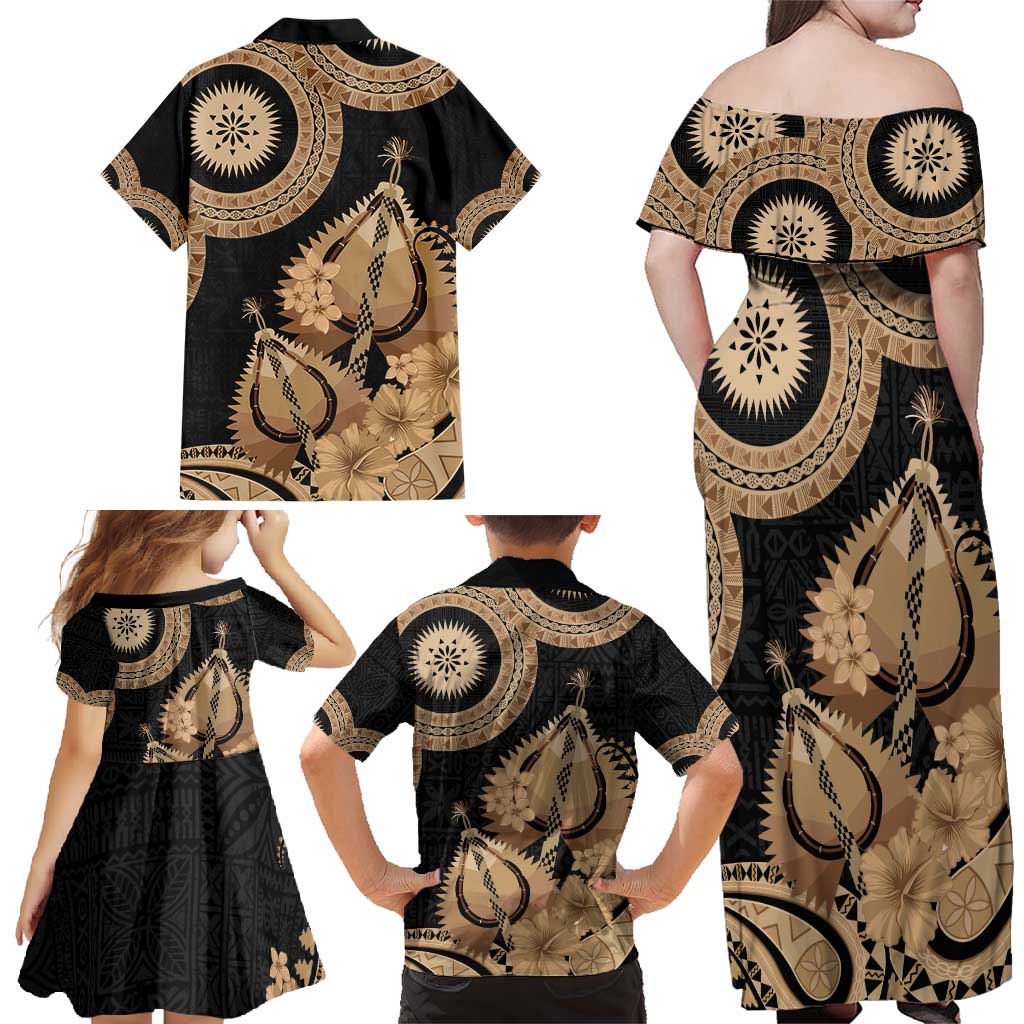 Black Bula Fiji Family Matching Off Shoulder Maxi Dress and Hawaiian Shirt Fijian Dance Fan Tapa Cloth Pattern