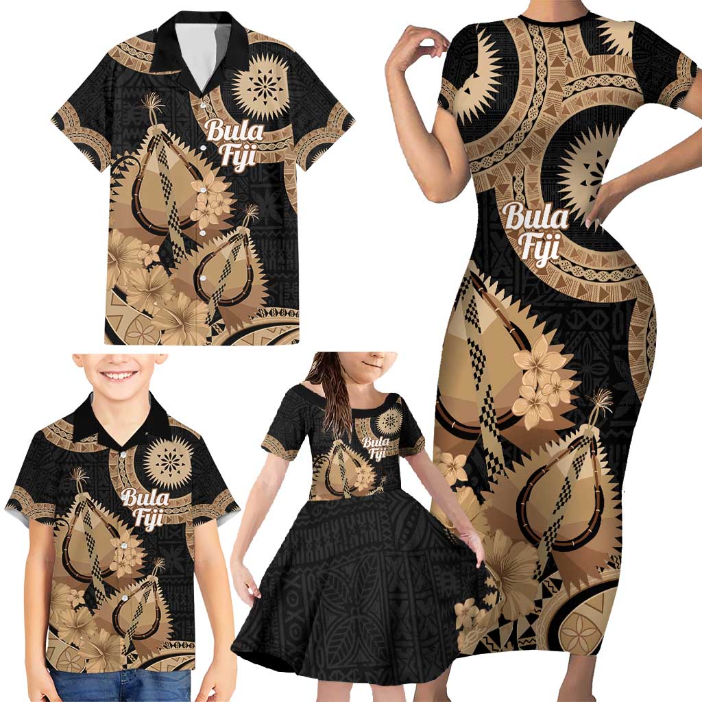 Black Bula Fiji Family Matching Short Sleeve Bodycon Dress and Hawaiian Shirt Fijian Dance Fan Tapa Cloth Pattern
