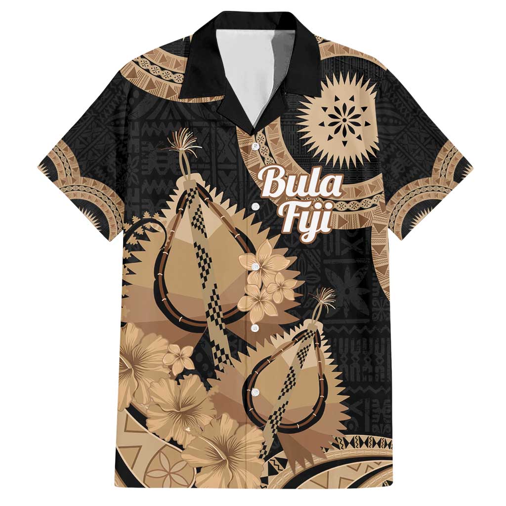 Black Bula Fiji Family Matching Short Sleeve Bodycon Dress and Hawaiian Shirt Fijian Dance Fan Tapa Cloth Pattern