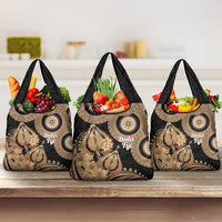 Black Bula Fiji Grocery Bag Fijian Dance Fan Tapa Cloth Pattern