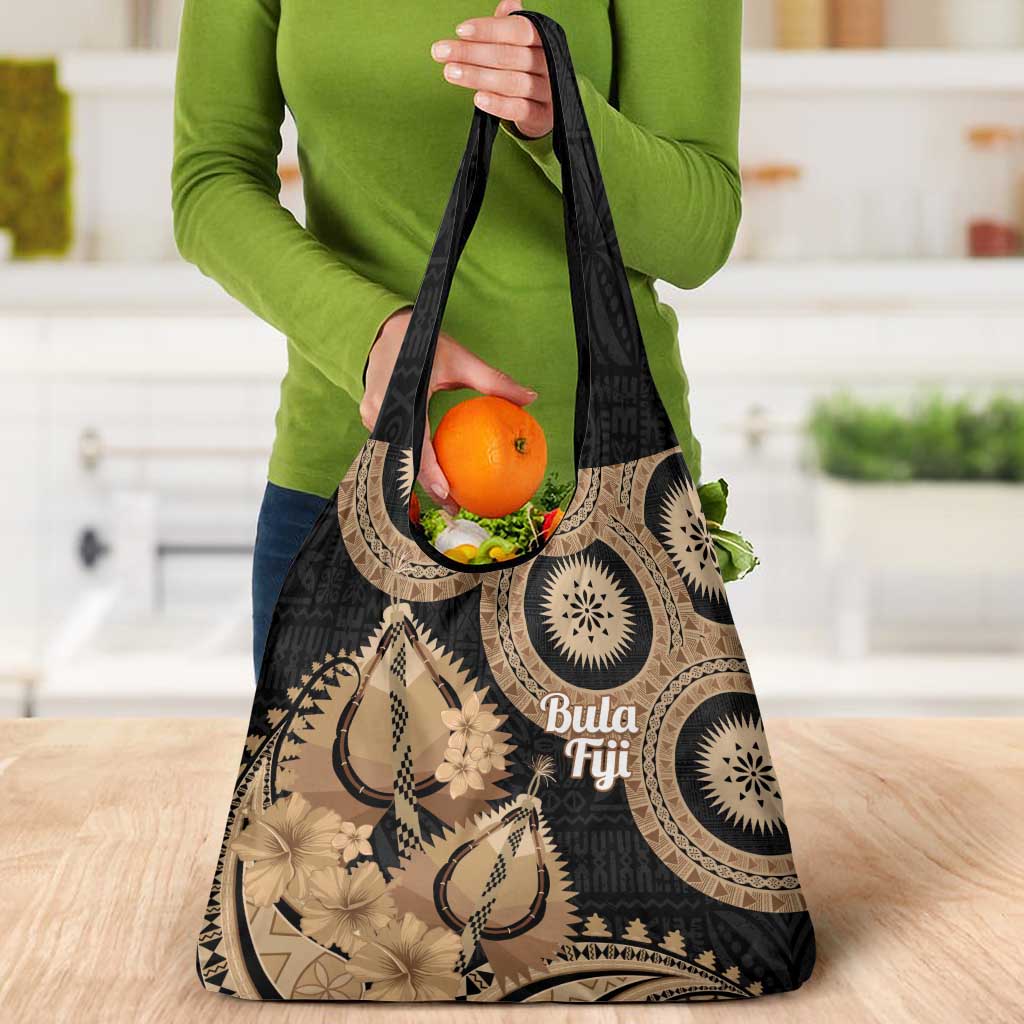 Black Bula Fiji Grocery Bag Fijian Dance Fan Tapa Cloth Pattern