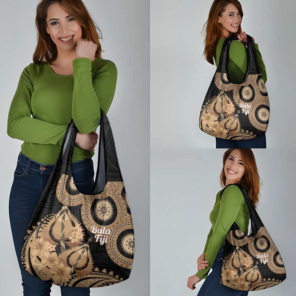 Black Bula Fiji Grocery Bag Fijian Dance Fan Tapa Cloth Pattern