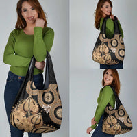 Black Bula Fiji Grocery Bag Fijian Dance Fan Tapa Cloth Pattern