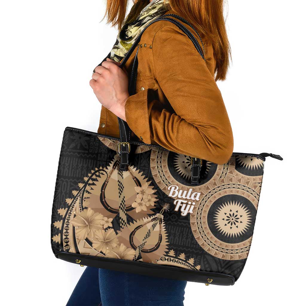 Black Bula Fiji Leather Tote Bag Fijian Dance Fan Tapa Cloth Pattern