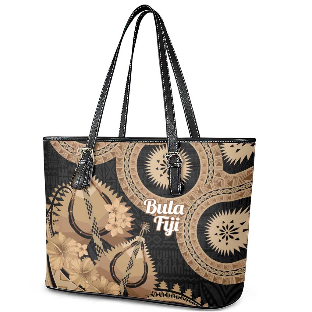 Black Bula Fiji Leather Tote Bag Fijian Dance Fan Tapa Cloth Pattern