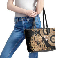 Black Bula Fiji Leather Tote Bag Fijian Dance Fan Tapa Cloth Pattern