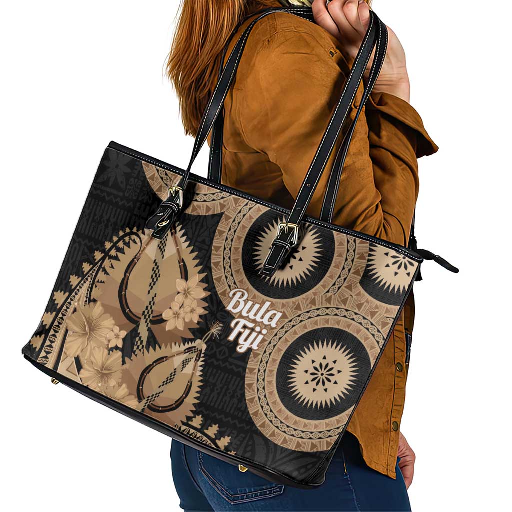 Black Bula Fiji Leather Tote Bag Fijian Dance Fan Tapa Cloth Pattern