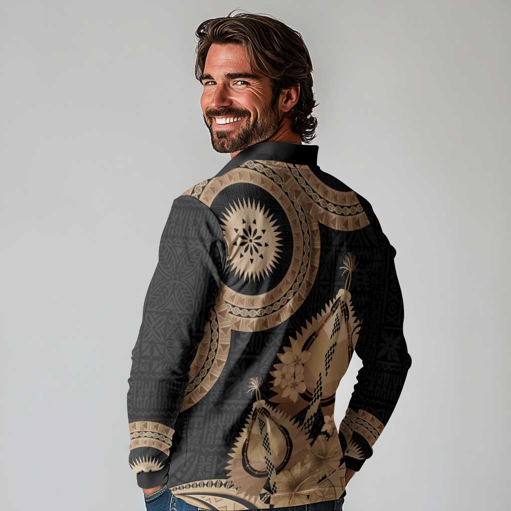 Black Bula Fiji Long Sleeve Polo Shirt Fijian Dance Fan Tapa Cloth Pattern