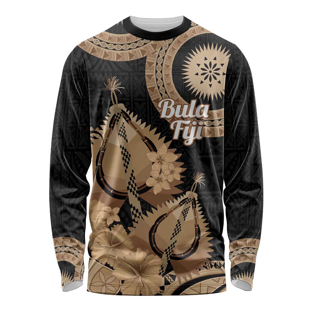 Black Bula Fiji Long Sleeve Shirt Fijian Dance Fan Tapa Cloth Pattern
