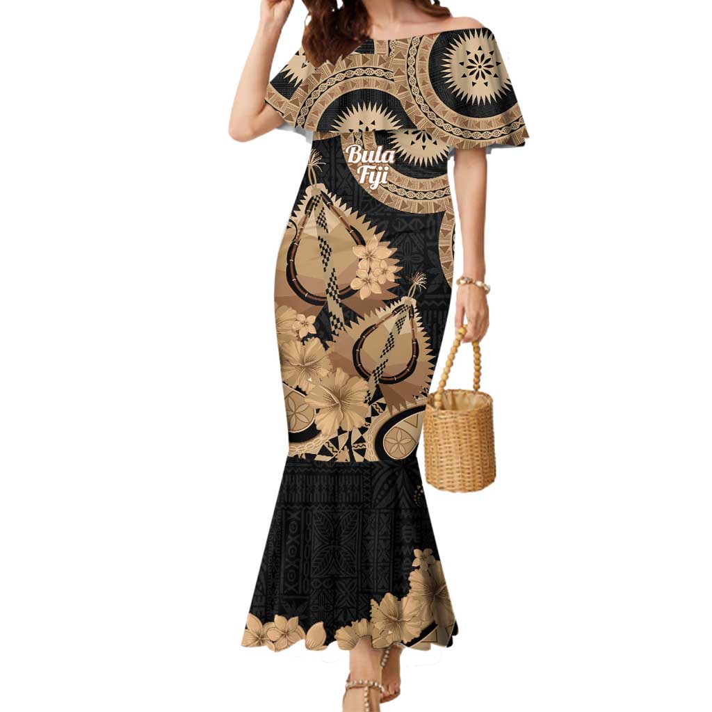 Black Bula Fiji Mermaid Dress Fijian Dance Fan Tapa Cloth Pattern