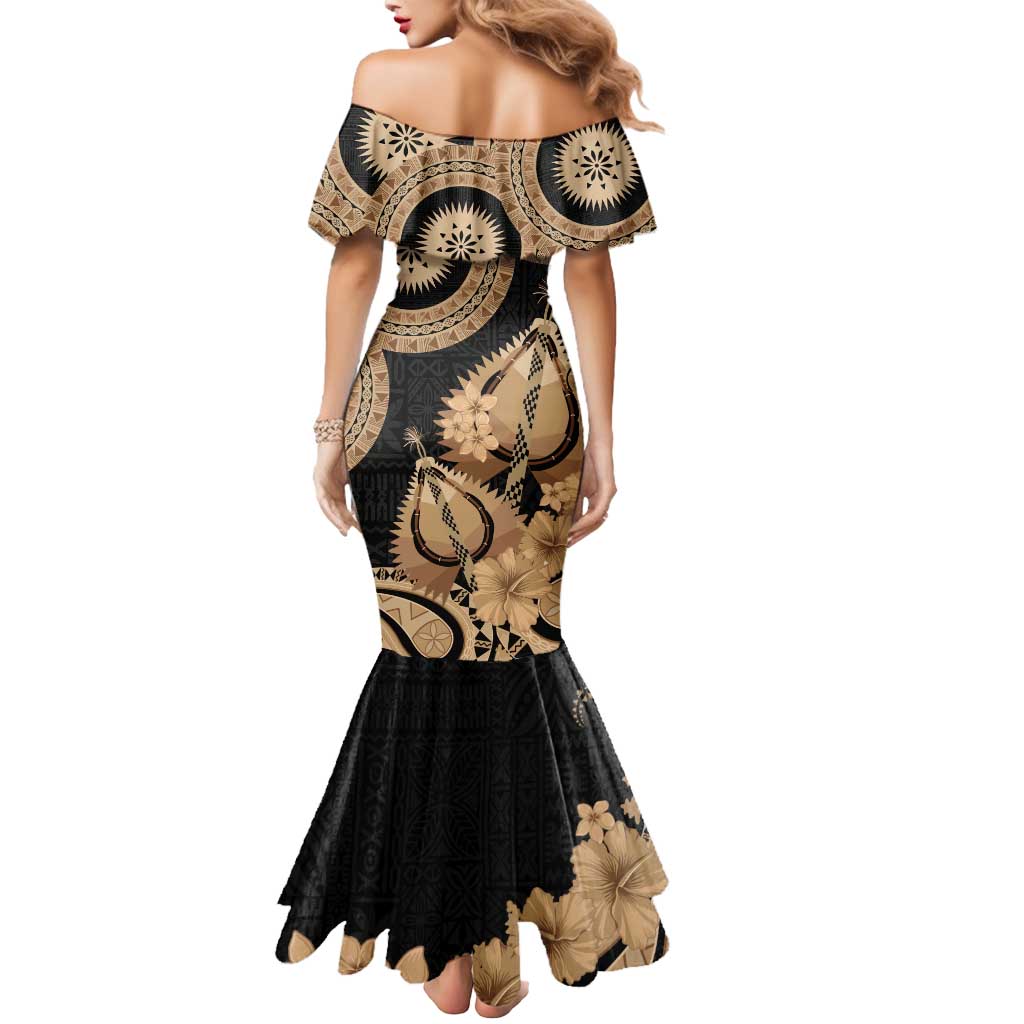 Black Bula Fiji Mermaid Dress Fijian Dance Fan Tapa Cloth Pattern