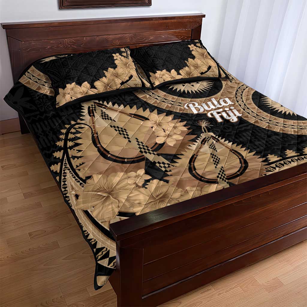 Black Bula Fiji Quilt Bed Set Fijian Dance Fan Tapa Cloth Pattern