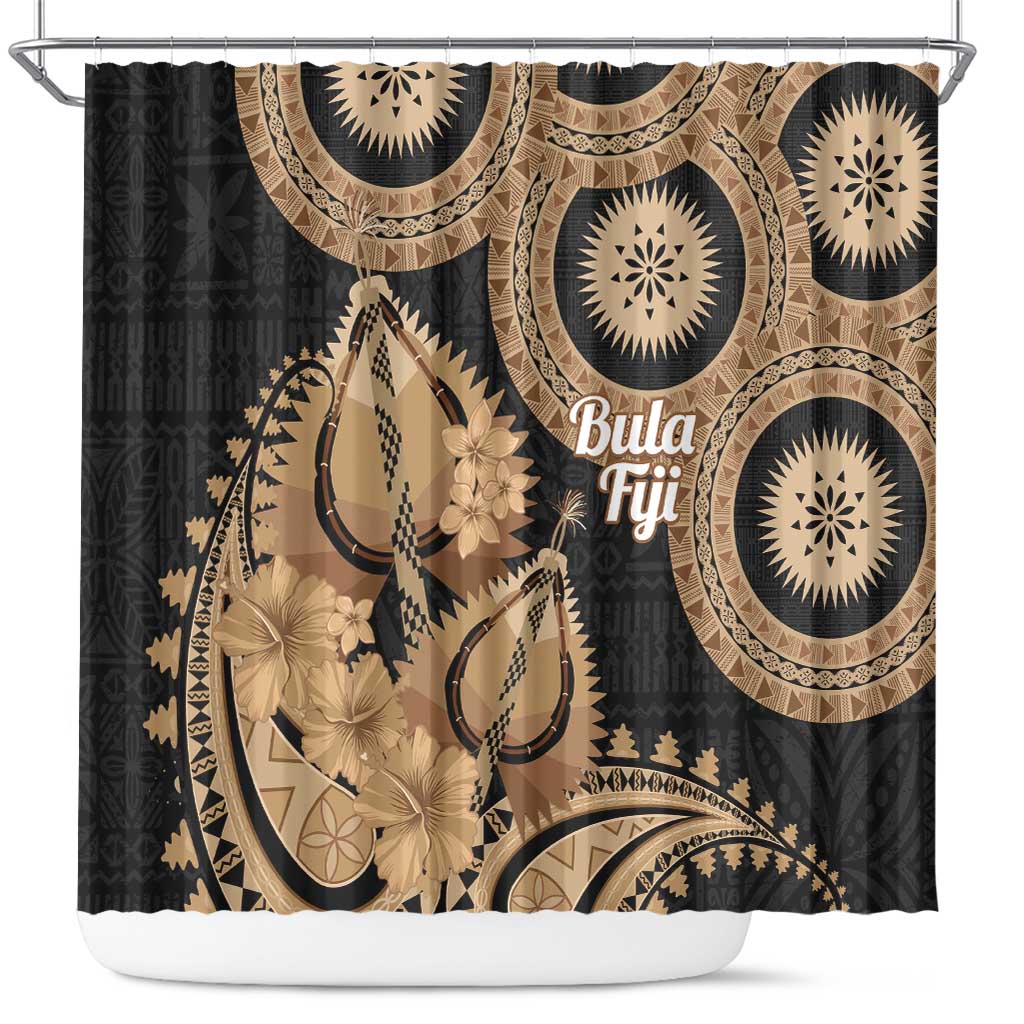 Black Bula Fiji Shower Curtain Fijian Dance Fan Tapa Cloth Pattern