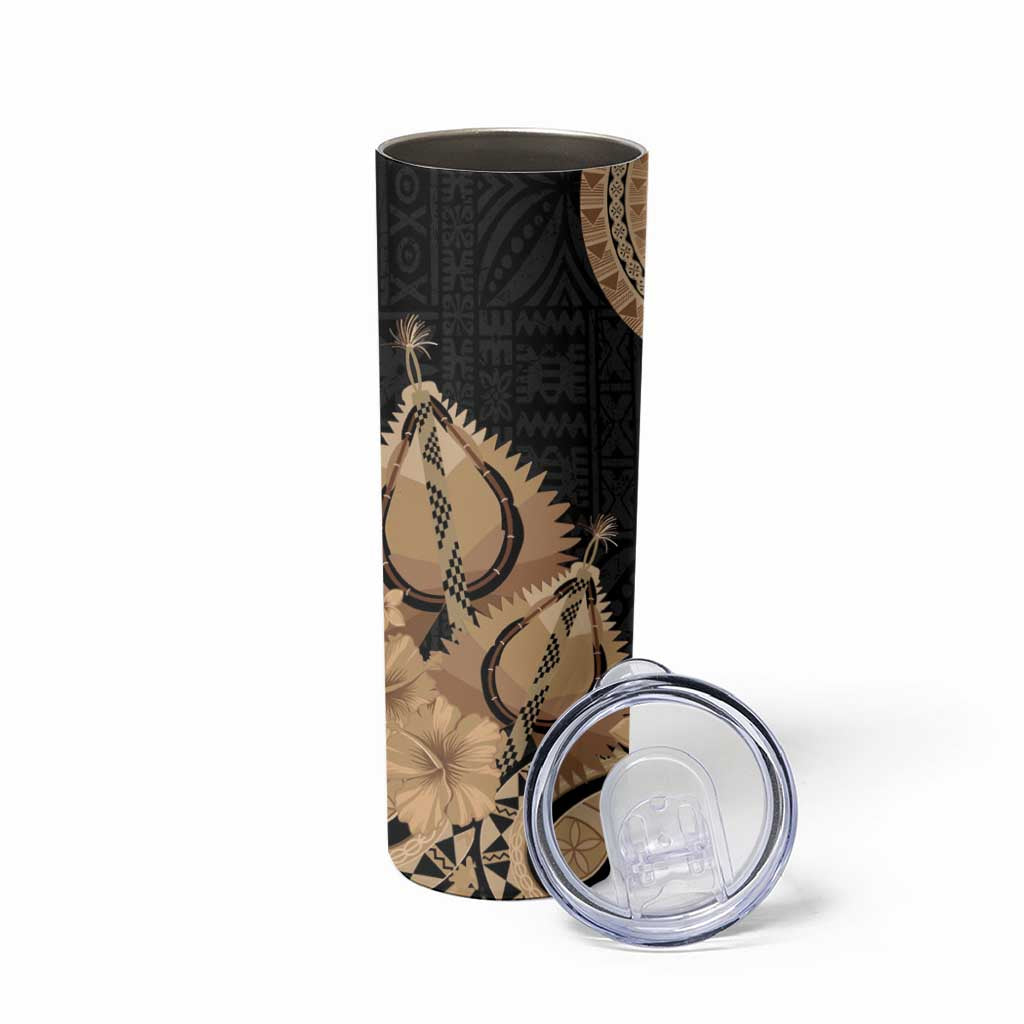 Black Bula Fiji Skinny Tumbler Fijian Dance Fan Tapa Cloth Pattern