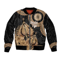 Black Bula Fiji Sleeve Zip Bomber Jacket Fijian Dance Fan Tapa Cloth Pattern