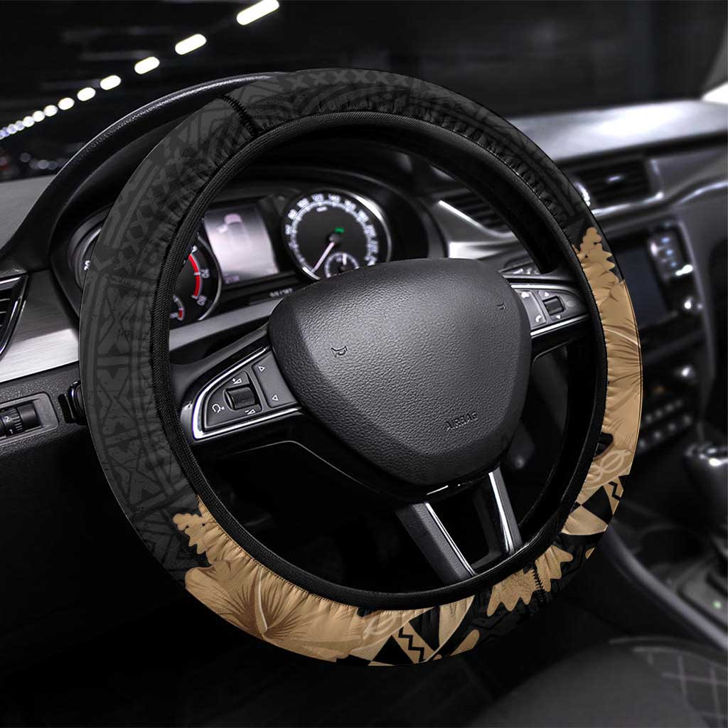 Black Bula Fiji Steering Wheel Cover Fijian Dance Fan Tapa Cloth Pattern