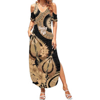 Black Bula Fiji Summer Maxi Dress Fijian Dance Fan Tapa Cloth Pattern