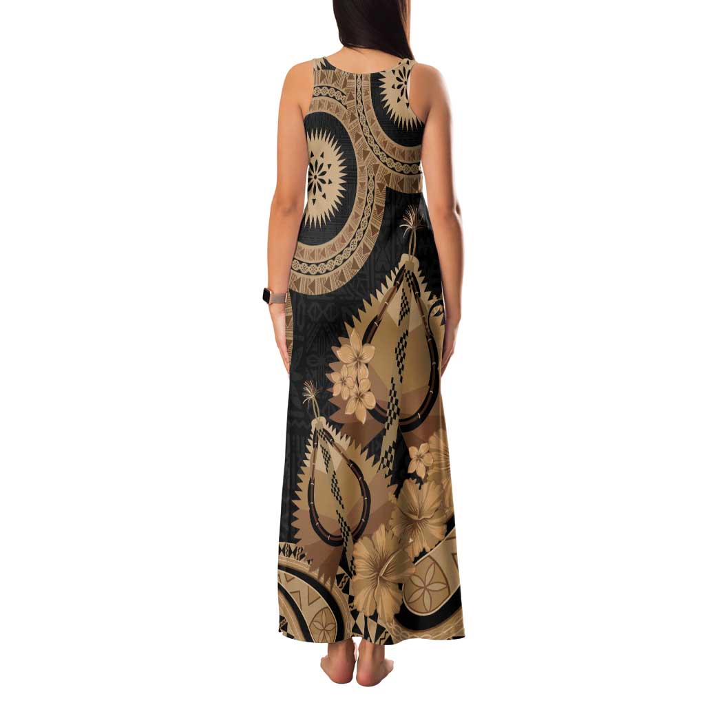 Black Bula Fiji Tank Maxi Dress Fijian Dance Fan Tapa Cloth Pattern