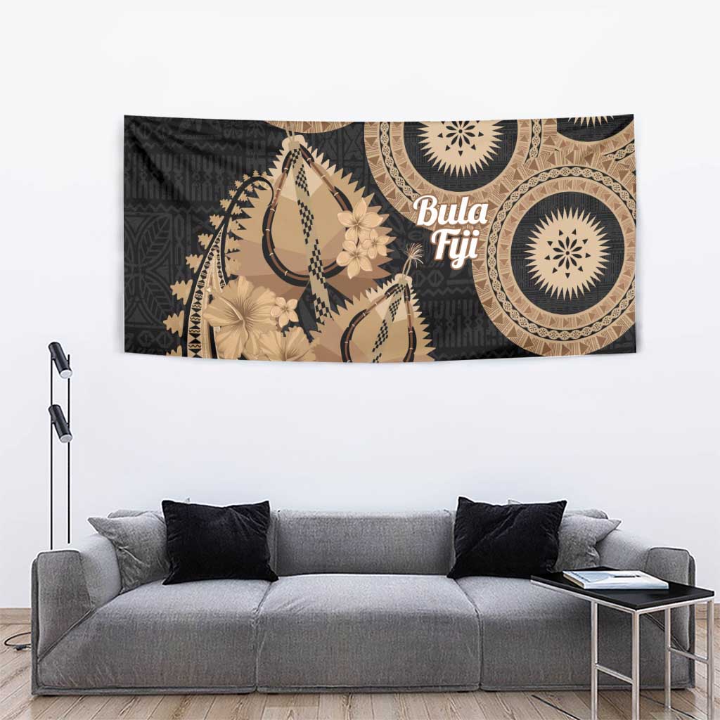 Black Bula Fiji Tapestry Fijian Dance Fan Tapa Cloth Pattern