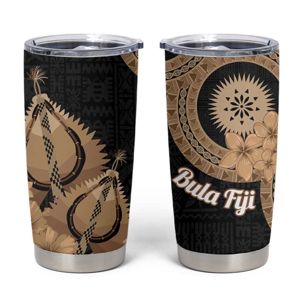 Black Bula Fiji Tumbler Cup Fijian Dance Fan Tapa Cloth Pattern LT14 Black - Polynesian Pride