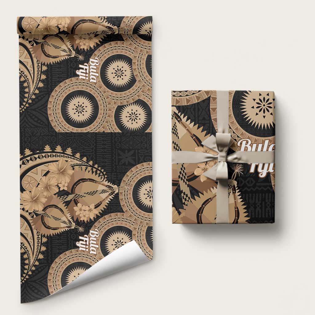 Black Bula Fiji Wrapping Paper Fijian Dance Fan Tapa Cloth Pattern - Polynesian Pride