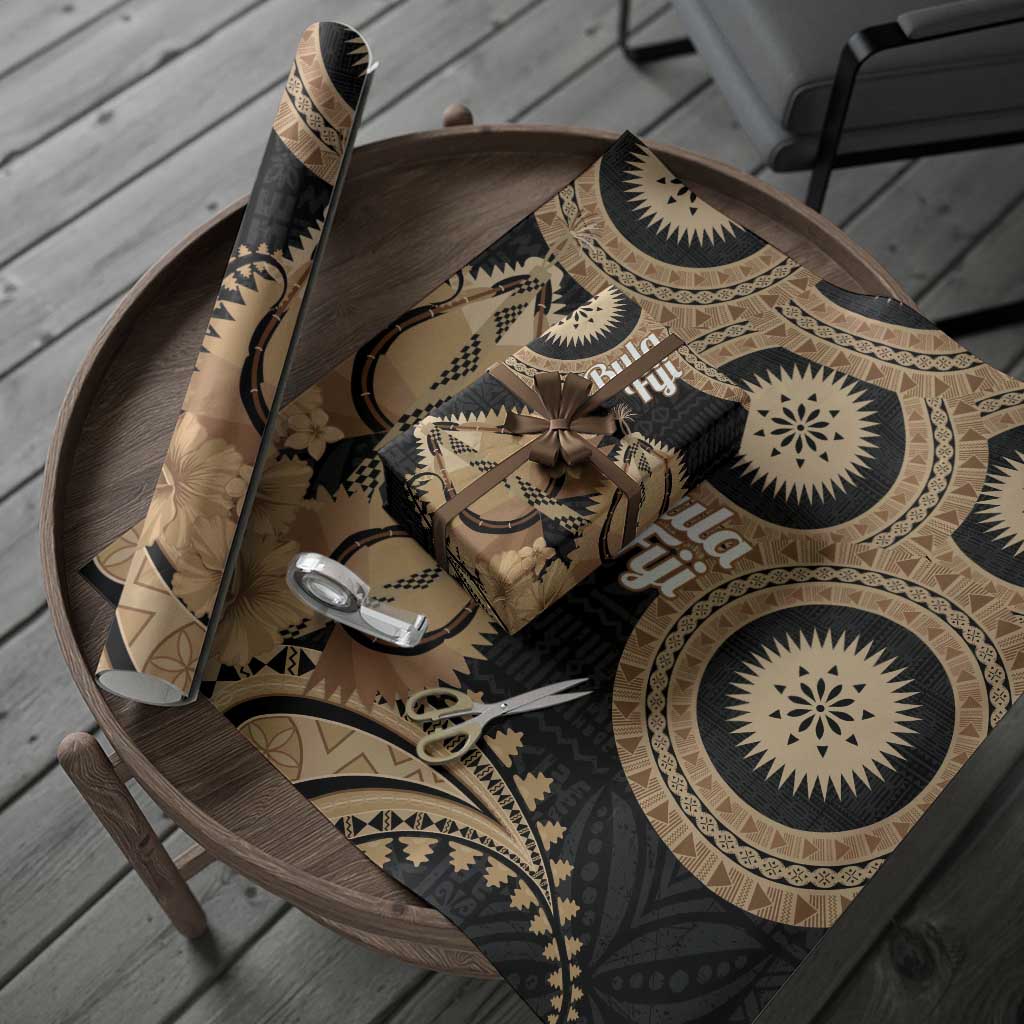 Black Bula Fiji Wrapping Paper Fijian Dance Fan Tapa Cloth Pattern - Polynesian Pride